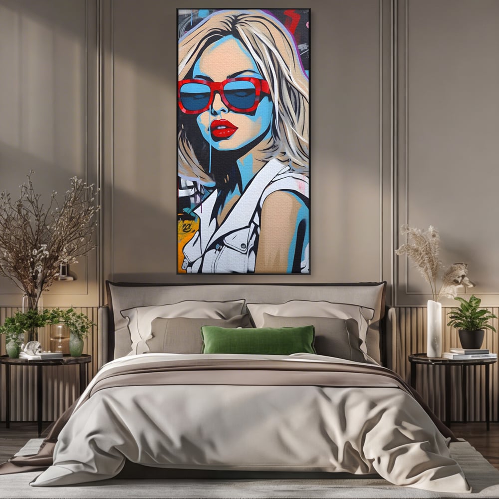 Tablou canvas cu tablou canvas portret pop art femeie cu ochelari, in rama de aluminiu negru, pe perete intr-un dormitor